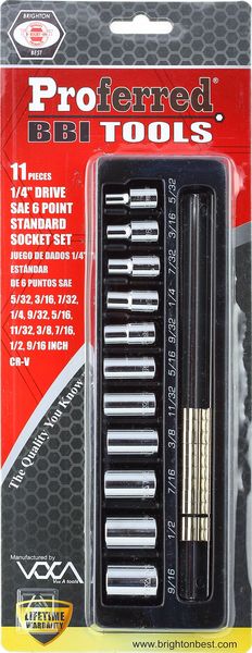 BBPS04001 Proferred 1/4" Drive Standard SAE Socket Set 11 Piece 1/4" Drive SAE 6 Point Socket Set Standard
