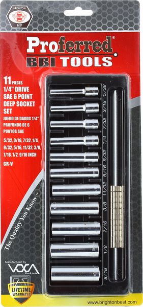BBPS04101 Proferred 1/4" Drive Standard SAE Socket Set 11 Piece 1/4" Drive SAE 6 Point Deep Socket Set Deep