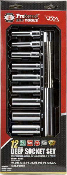BBPS06301 Proferred 3/8" Drive Standard SAE Socket Set 12 Piece 3/8" Drive SAE 12 Point Deep Socket Set Deep