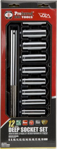 BBPS07301 3/8" Drive Standard Metric Socket Set 12 Piece 3/8" Drive Metric 12 Point Deep Socket Set Deep
