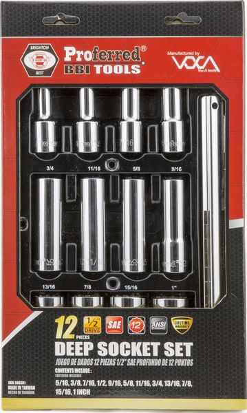 BBPS08301 Proferred 1/2" Drive Standard SAE Socket Set 12 Piece 1/2" Drive SAE 12 Point Deep Socket Set Deep