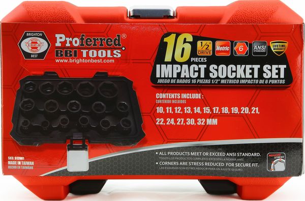 BBPS12001 1/2" Drive Impact Metric Socket Set 16 Piece 1/2" Drive Metric 6 Point Impact Socket Set Impact